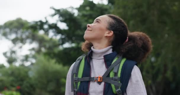 ハッピーアフリカの女性 ハイキングと森を探して アウトドアへの愛と自由 ガール バックパックの冒険 森でキャンプ ブラジルでの思考と休暇 — ストック動画