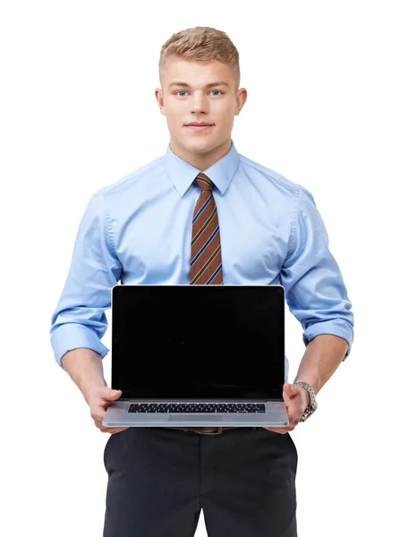 Retrato Homem Negócios Tela Laptop Estúdio Para Apresentação Informações Promoção — Fotografia de Stock