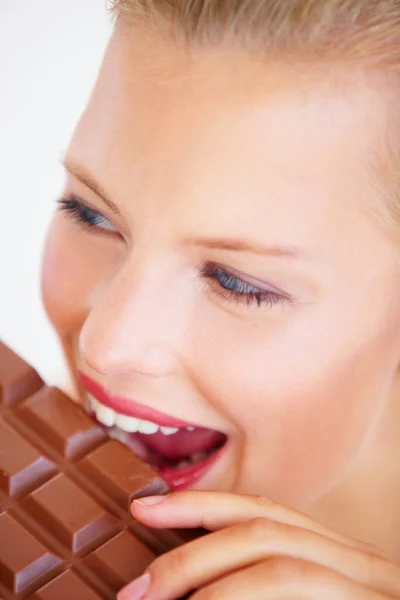 Studio Face Woman Eating Chocolate Slab Bar Delicious Snack Unhealthy — Stock Photo, Image