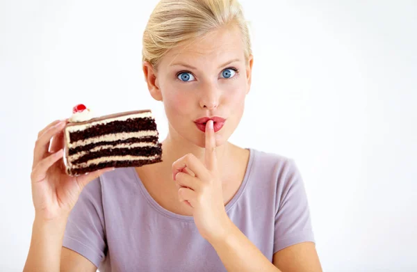 Secret Cake Young Woman Studio Cheating Healthy Wellness Weight Loss — Stock Photo, Image
