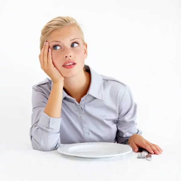 Bored Upset Woman Plate Studio Starving Frustrated Grumpy Face Angry Stock Photo
