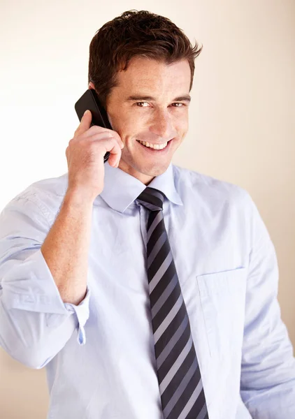 Phone call, portrait and happy business man consulting, discussion and talking with corporate company contact. Communication, cellphone and professional sales agent negotiation, conversation or chat.