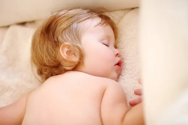 Closeup Baby Face Sleep Bed Good Dream Nap Rest Nursery — Stock Photo, Image