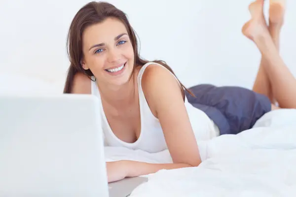 Laptop Bed Portrait Happy Woman Morning Checking Email Schedule Social — Stock Photo, Image
