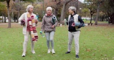 Kıdemli arkadaşlar, emeklilikte yaşlı kadınlarla birlikte parkta yoga minderleriyle yürüyüp sohbet ediyorlar. Millet, mutlu sohbetler ve sağlıklı açık hava egzersizleri ya da kışın pilates..