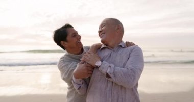 Hug, beach and senior couple with love, sunset and happiness with retirement, quality time and marriage. Romance, happy elderly man or old woman embrace, seaside vacation and adventure with a journey.