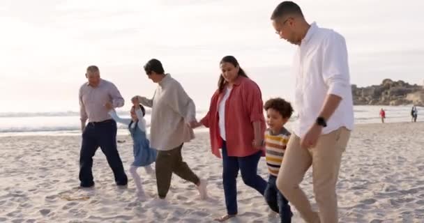 Big Family Holding Hands Walking Beach Sunset Vacation Holiday Adventure — Stock videók