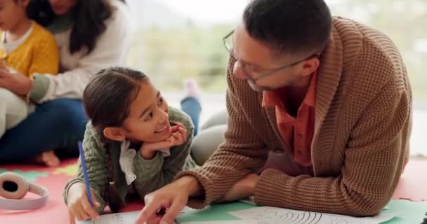 Girl Kid Dad Homework Floor Writing Helping Hand Education Teaching — Stok video