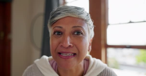 Twarz Rozmowa Kobieta Wideo Rozmowie Domu Falą Powitaniem Pocałunkiem Szczęśliwy — Wideo stockowe
