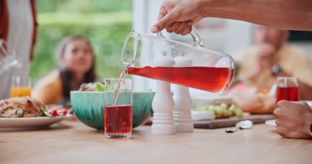 Hand Pouring Juice Table Family Dinner Party Event Eating Bonding — Stock Video