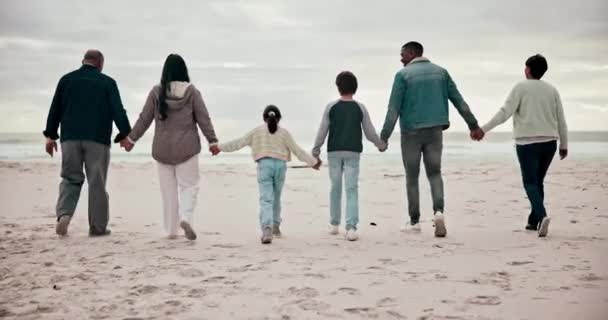 Gran Familia Cogidas Mano Playa Caminando Feliz Día Nublado Para — Vídeo de stock