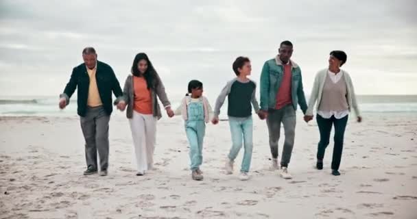 Duża Rodzina Bawiąca Się Lub Szczęśliwa Plaży Chodzeniem Miłością Nawiązywaniem — Wideo stockowe