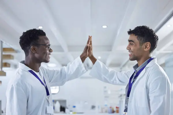 Science, high five and men in laboratory for congratulations, deal or success with results. Teamwork, medical research and celebration, scientist partnership in collaboration or cheers for doctors