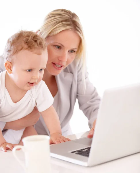 Businesswoman Baby Laptop Remote Work Home Learning Playing Streaming Web — Stock fotografie