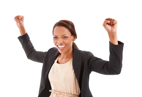 Счастливая Чернокожая Женщина Фист Насос Празднование Победы Успеха Бизнесе Белом Стоковая Картинка