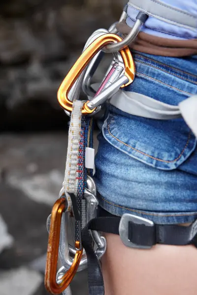 Woman Carabiner Rock Climbing Gear Closeup Rope Safety Support Adventure — Stock Photo, Image