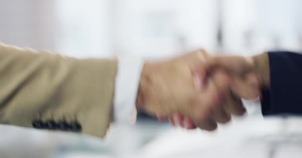与商界人士的合作 合作或B2B在办公室为交易特写握手 与同事见面 签订合同 以表谢意或对同事的欢迎 — 图库视频影像