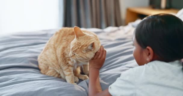Kinder Bett Und Ein Mädchen Das Seine Katze Morgens Streichelt — Stockvideo