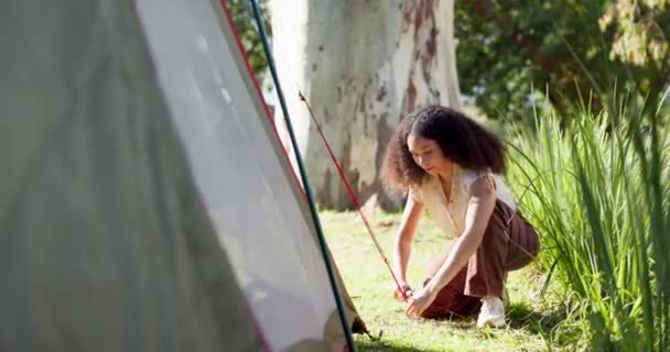 Tienda Campaña Naturaleza Una Mujer Con Una Configuración Camping Bosque — Vídeo de stock