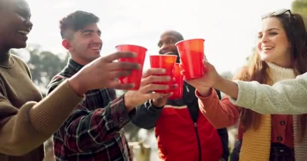 Arkadaşlar Kamp Tost Dışarıda Kutlama Parti Tatil Için Gülümsemeyle Birlikte — Stok video
