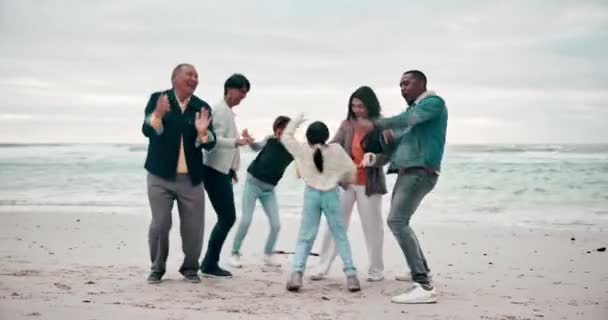 Plaża Taniec Rodzice Dziećmi Dziadkami Tworzenia Więzi Zabawy Relaksu Przyrodzie — Wideo stockowe