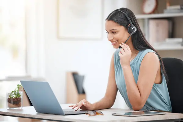 Telemarketing, laptop and happy business woman reading contact center info, callcenter feedback or tech support. Help desk customer care, sales numbers and telecom agent consulting on lead generation.