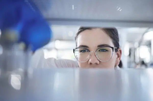 Science, search and the eyes of a woman in a laboratory for research, innovation or medical storage. Healthcare, medical and pharmaceuticals with a young scientist in a lab for cure development.