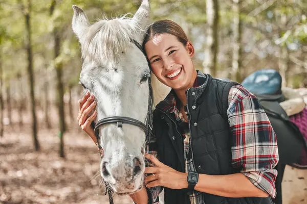 Portrait Happy Woman Horse Standing Trees Embrace Love Animals Pets — Stock Photo, Image