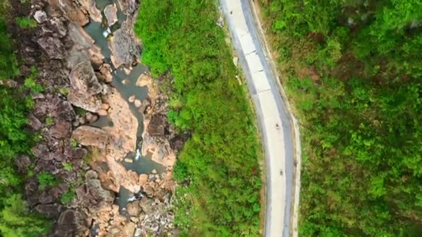 Dron Auto Stromy Silnicí Lese Pro Životní Prostředí Krajinu Divočiny — Stock video