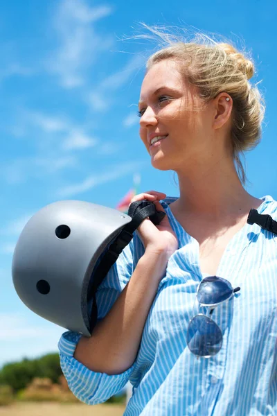 Safety Helmet Woman Blue Sky Adventure Outdoor Thinking Countryside Smile — Stock Photo, Image