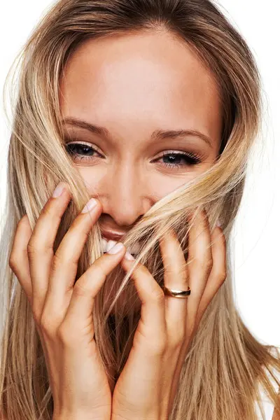 Portret Vrolijke Vrouw Haarverzorging Met Glimlach Studio Voor Schoonheid Mock — Stockfoto