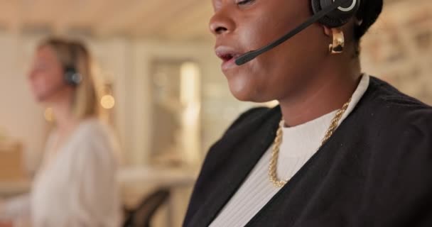 Usta Noc Lub Czarna Kobieta Konsultant Call Center Rozmowy Lub — Wideo stockowe