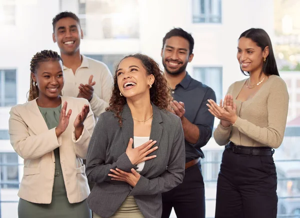 Business people, applause and happy in office with celebration, winner and success for promotion. Corporate, employee and teamwork with clapping hands for support and achievement at workplace or job.