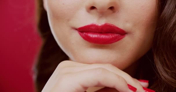 Closeup Red Lips Woman Smile Dental Wellness Cosmetics Red Studio — Stock Video
