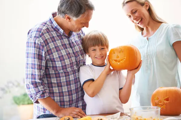 Halloween Family Carving Pumpkin Child Home Fun Bonding Man Woman Royalty Free Stock Photos