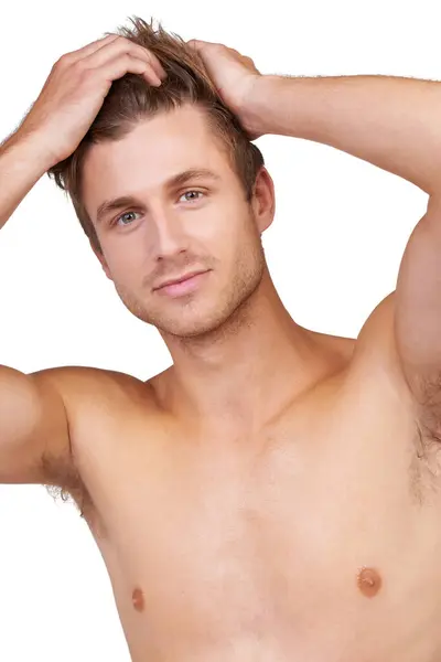 Hair Care Man Portrait Smile Studio Shampoo Treatment Wellness Aesthetic Stock Photo