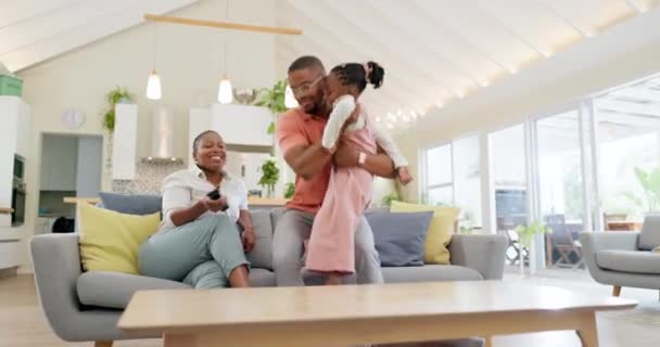 Support Black Family Hug Sofa Living Room Home Happy Together — Stock Video