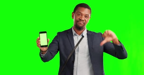 Зеленый Экран Большие Пальцы Вниз Телефон Бизнесмена Мобильное Приложение Плохим — стоковое видео