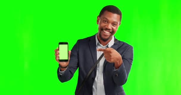Teléfono Hombre Negro Pantalla Verde Pulgares Hacia Arriba Para Aplicación — Vídeo de stock