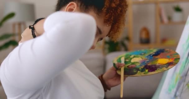 Art Neck Pain Woman Painting Stress Studio Working Creative Artwork — Stock Video