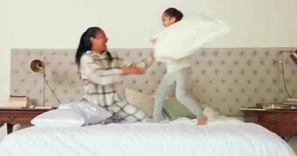 Pillow Fight Bedroom Mother Tickling Her Child Love Care Playful — Stock Video