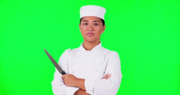 Mulher Chef Retrato Com Uma Faca Uma Tela Verde Com — Vídeo de Stock