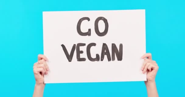 Hands, poster and vegan propaganda on a blue background in studio for health, diet or nutrition awareness. Sign, news and politics with a person holding a billboard in protest of animal cruelty.