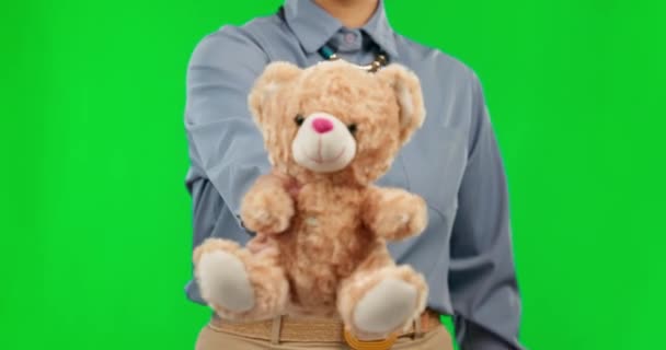 Teddybjörn Grön Skärm Och Person Med Välgörenhet Gåva För Vård — Stockvideo