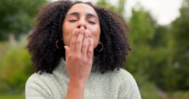 Girl Blowing Kiss Outdoors Happiness Positive Mindset Fun Flirting Romance — Stock Video