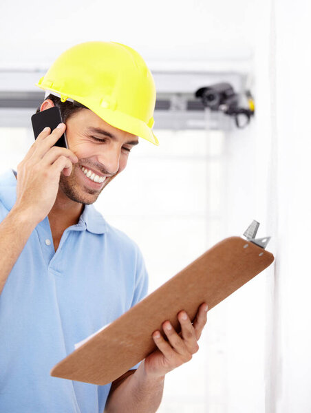 Technician, happy and phone call for security camera, checklist and CCTV installation or services in home. Man or contractor reading clipboard for surveillance information, solution or mobile support.