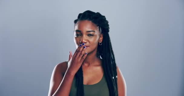 Face Smile Black Woman Air Kiss Studio Isolated Gray Background — Stock Video