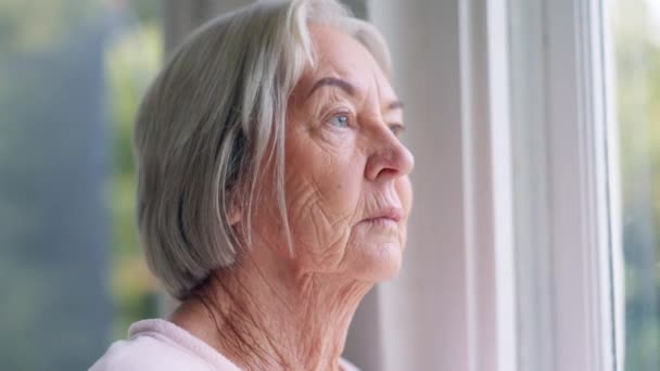 Pencere Düşünce Kıdemli Kadın Gelecek Alzheimer Zihin Emeklilik Şüphe Kaygısı — Stok video