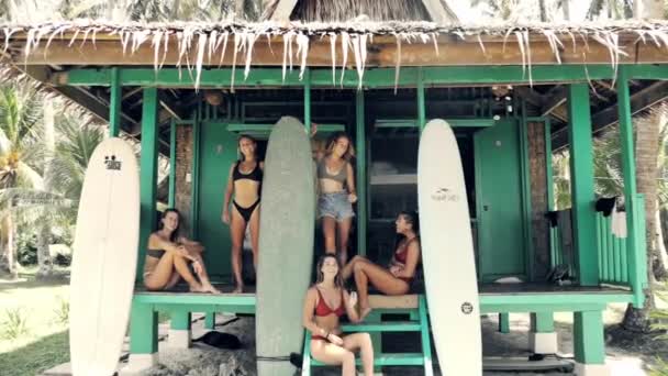Papan Selancar Pondok Dan Sekelompok Wanita Pantai Untuk Petualangan Liburan — Stok Video