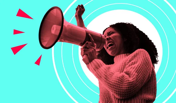 Megaphone, protest and woman fist isolated on blue background for human rights, strong opinion or broadcast. Speech, noise and african person with power, call to action and red warning on digital art.